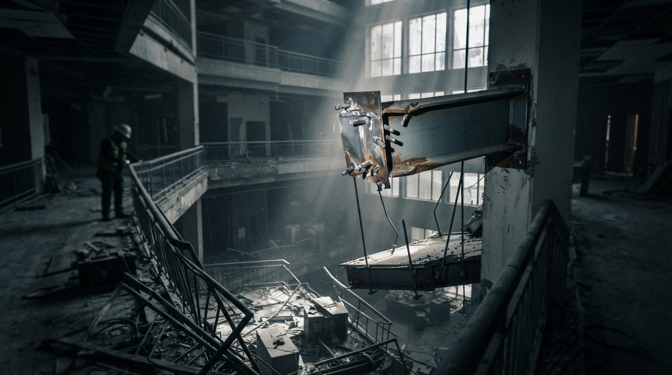 The revised detail made the fourth-floor box beam connections carry the load of both walkways.