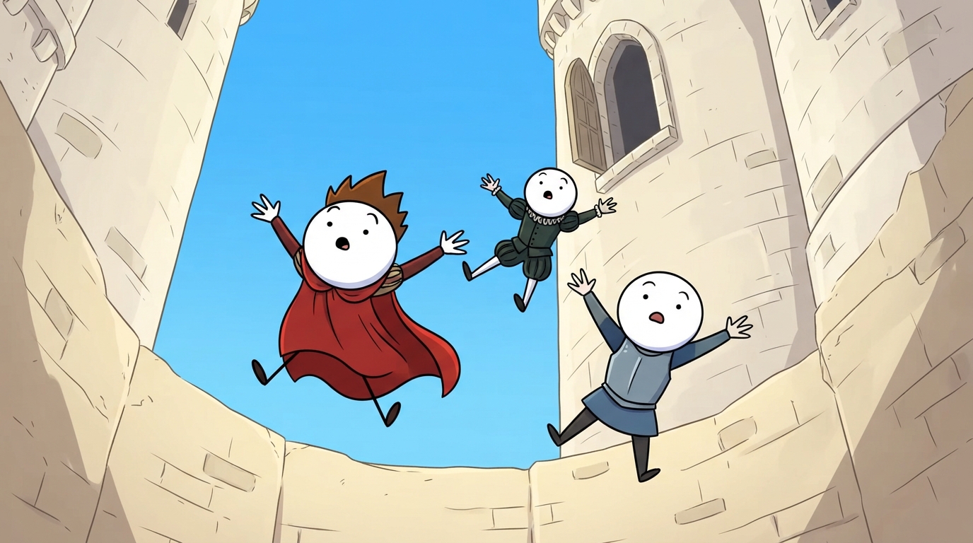 Three men out of a window
